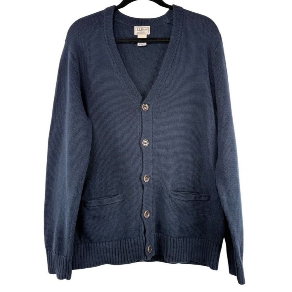 L.L. Bean 90's Navy Cardigan Sweater M-REG 100% Cotton Button-Up Mens